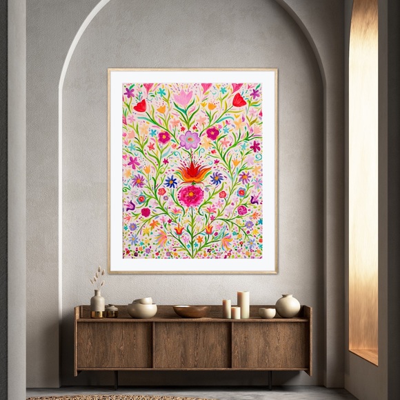 Flower Folk Art Print of Oil Painting Scandinavian whimsical colorful floral - Picture 3 of 7